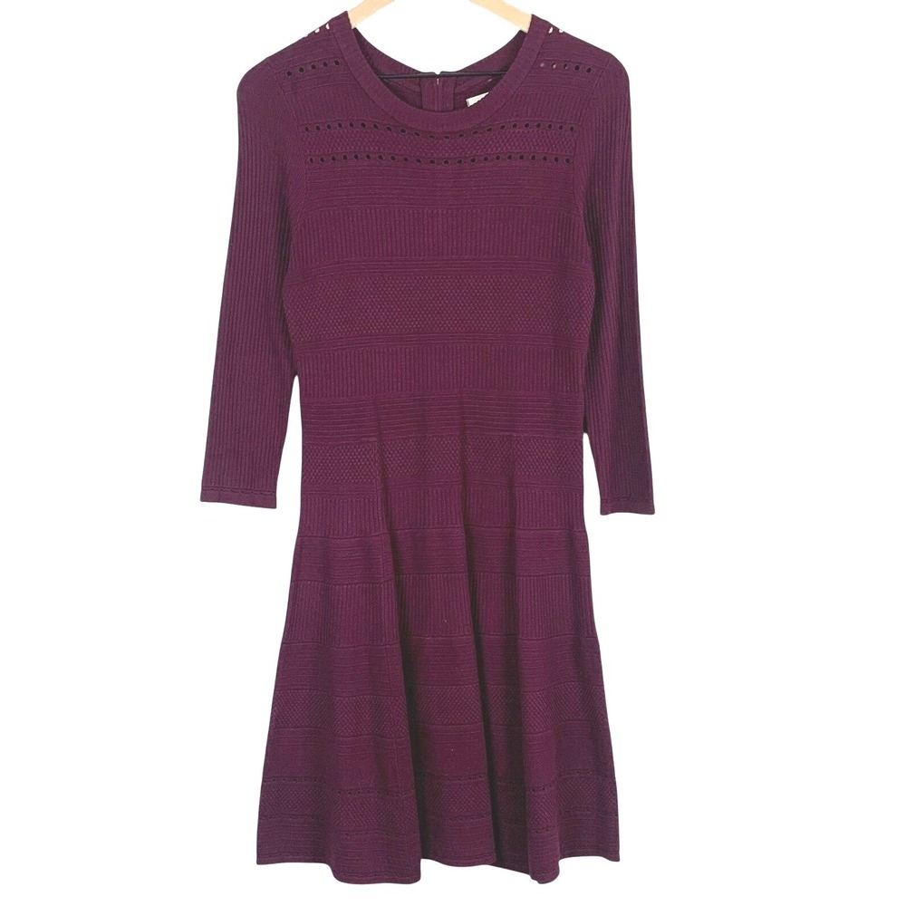 ELIZA J Fit and Flare Pointelle Ribbed Knit Sweater Dress Sz M Plum Purple
